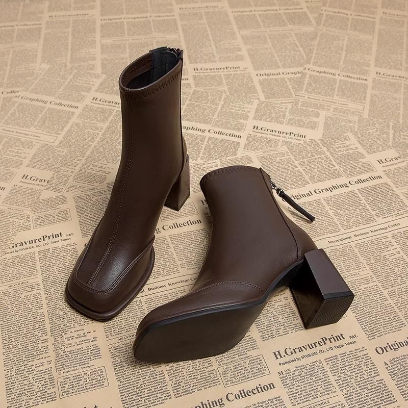 2025 New Vintage Thick Heel Women Ankle Boots Back Zippers Autumn Winter Shoes Ladies Elegant Square Toe Short Boots