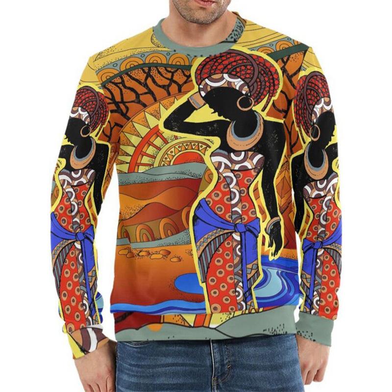 3D Printed Colorful Personality T Shirt For Men African Ethnic Pattern Tees Autumn Casual O-Neck Tops Loose Long Sleeve T-Shirts