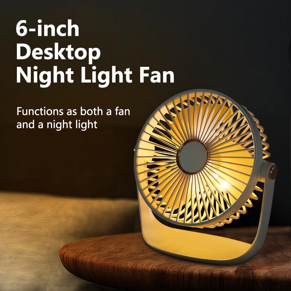Home Portable Mini Desktop Fan USB Rechargeable Fan 5-Speed Wind and LED Light 360° Rotation 6 Inch Quiet Fan for Bedroom Office