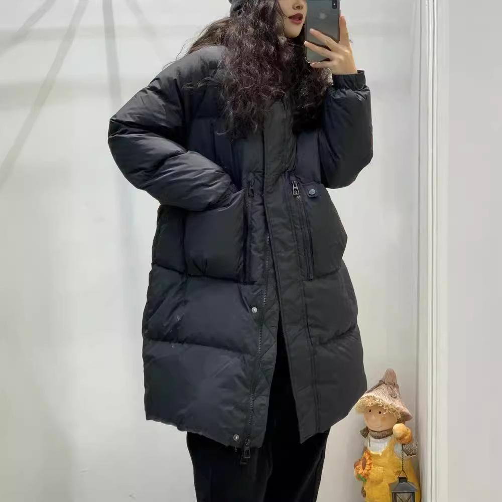 2024 Winter Korean Style Women's Stand Collar White Duck Down Mid-Length Jacket