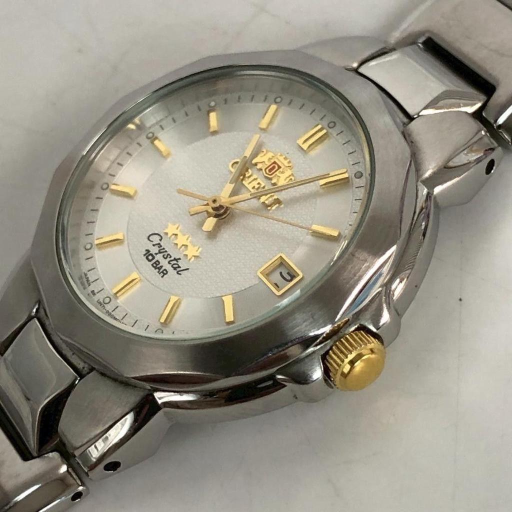 Used ORIENT Orient Crystal Three Star Men's Watch Automatic Silver Retro Date Rare Rare Gem Super Rare Stylish Urban Gentleman