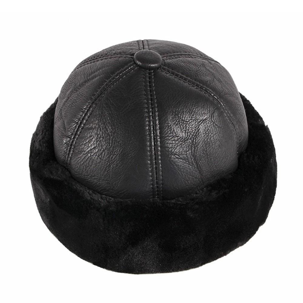 Warm Thick Winter Hat Fleece Lined Black Men Hat Fur Leather Windproof Snow Ski Cap Winter