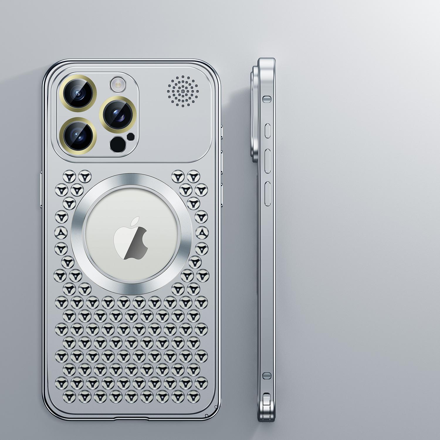 

Металлический охлаждающий чехол для телефона с ароматерапией для iPhone 12 13 14 15 Pro Max Plus, защитный чехол для объектива, полый магнитный чехол с беспроводной зарядкой iPhone 15 Plus серебряный