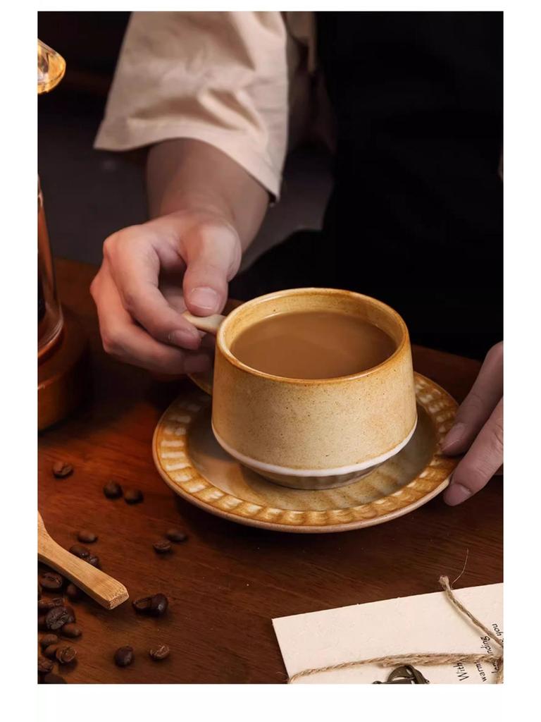 Elegant Niche Ceramic Coffee Cup and Saucer Set In Retro Coarse Pottery Design