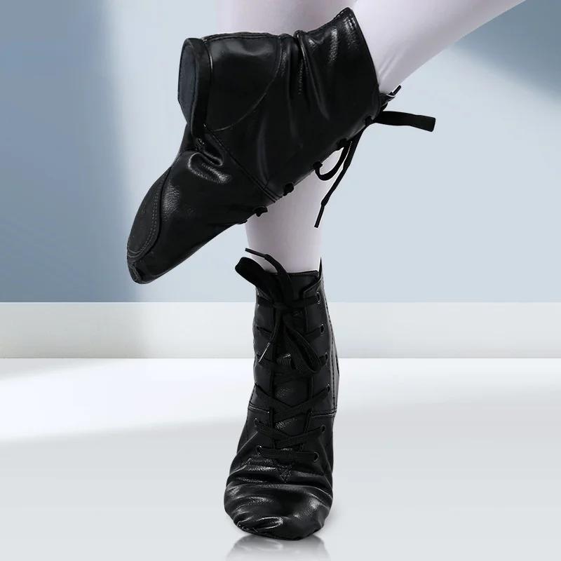 Zapatos de Baile para Niños de Moda Cuero PU Caña Alta Zapatos de Jazz para Hombre Mujer Suela Partida Zapatilla Suave Gimnasio Danza Zapato Negro