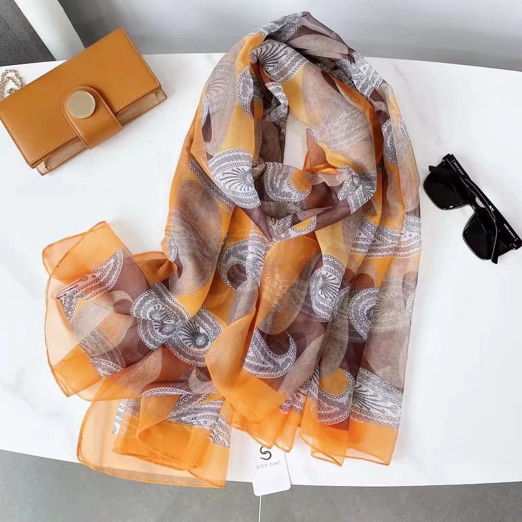 Silk Scarf Folral Women Summer Hijab Luxury Print Sunscreen Shawl Wraps Bandana Ladies Head Scarves Large Foulard Echarpe