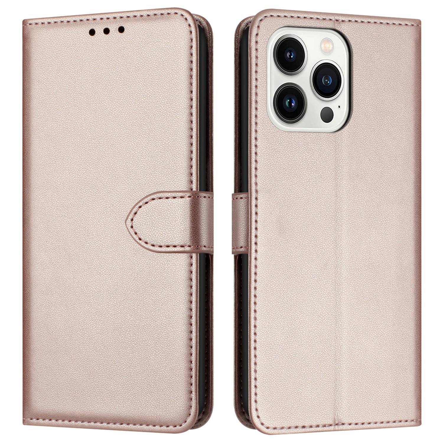 

For iPhone 16 Pro Max Wallet Phone Case Leather Stand Cover with Strap Rose Gold