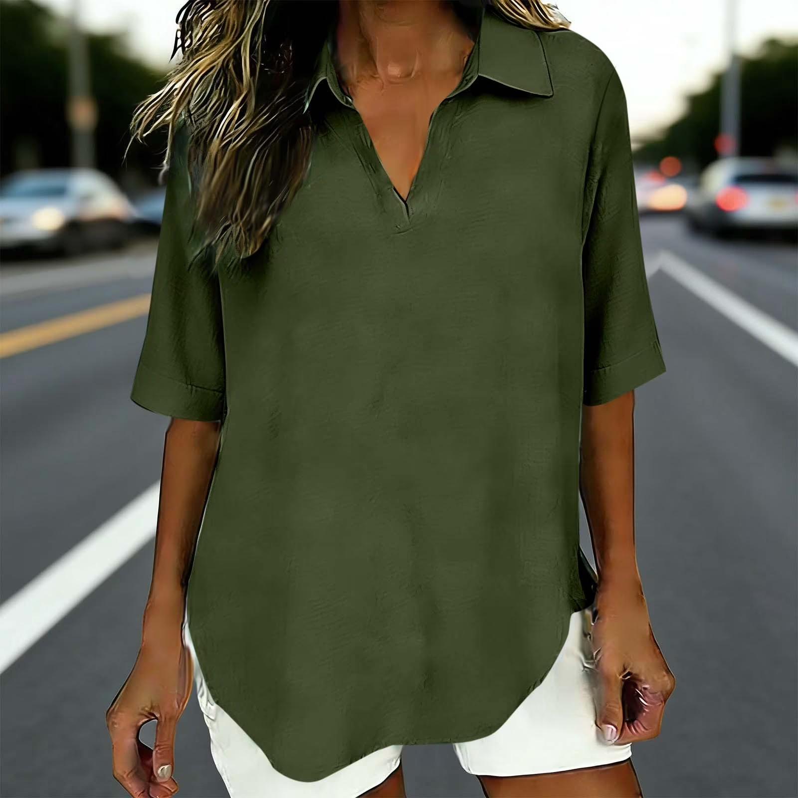 

Women s Fashionable Loose Color V-Neck Casual Cotton And Linen Shirt T-Shirt Top L армия зеленый