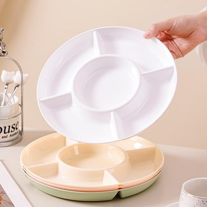 5 Compartment Divided Snack Serving Tray Food Grade Plastic with Center Dip Holder for Outdoor Picnic Camping