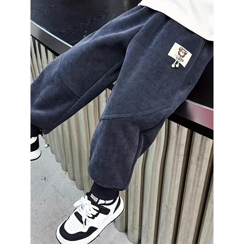 Boys' Winter Long Pants, Corduroy Style for Autumn and Winter, Warm and Fashionable Fleece-Lined Trousers with Cartoon Designs, for Outdoor, Thick