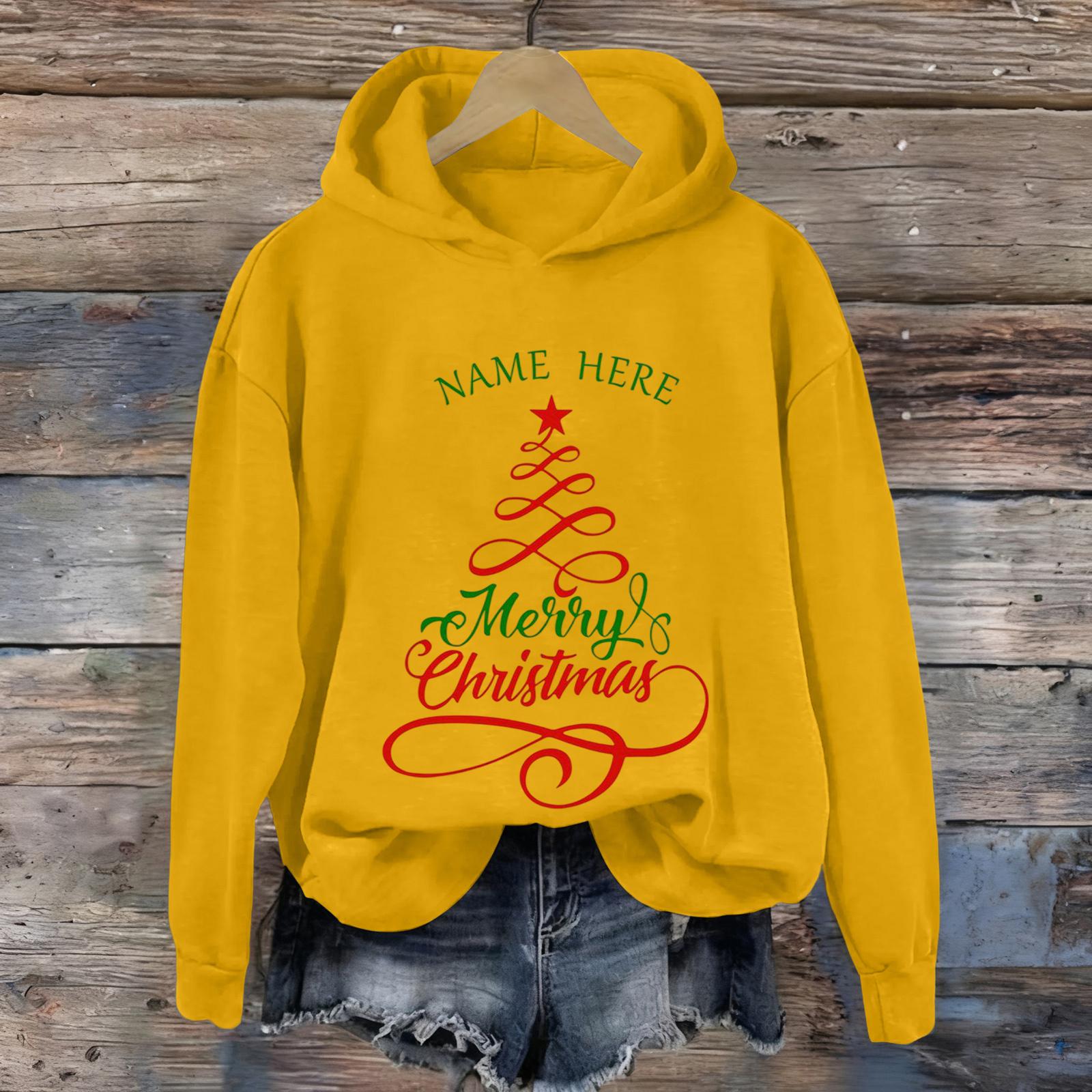 

Ladies Christmas Greentown Print Casual Long Sleeved Hooded Sweatshirt Top XL жёлтый