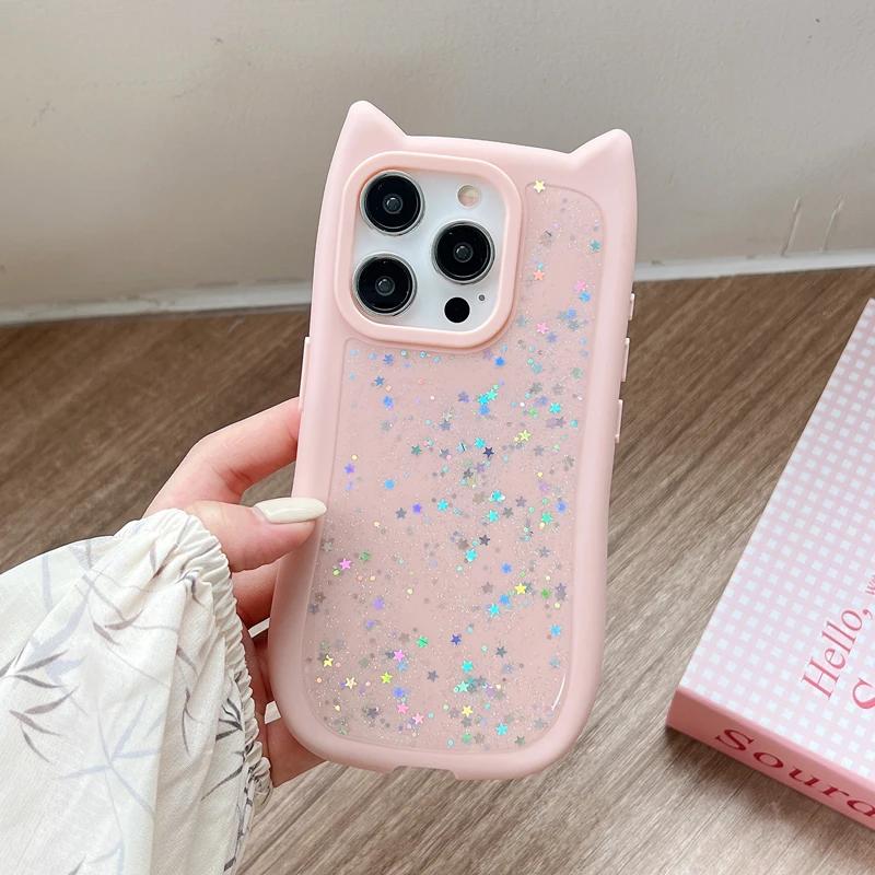 Girl Glitter Soft Silicone Cute Cat Ear Phone Case for iPhone 11 12 13 14 15 Pro Max Shockproof Hard Acrylic Bumper Back Cover