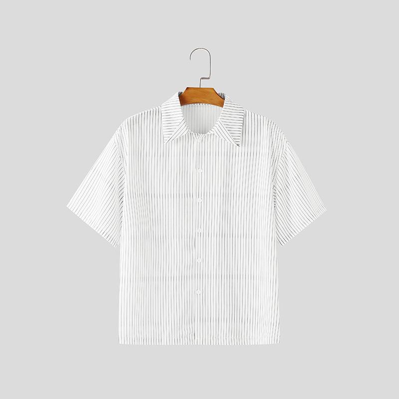 

INCERUN Oversized Men Summer Lapel Neck Short Sleeve Striped Button Down Casual Shirts 5XL