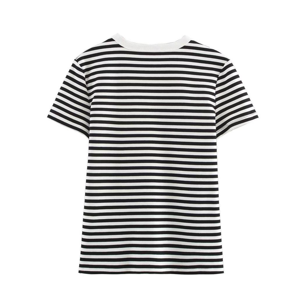 2025 Spring Women’s Color Block Striped Short-Sleeve Round Neck Top