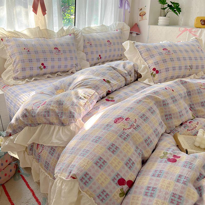 Princess Style Crinkled Gauze Lace Bedding Set - 4-Piece Washable Cotton Plaid Double Duvet Cover for All Seasons