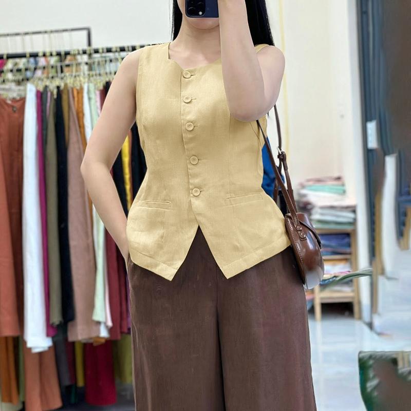 ZANZEA Damen Lässiges Rundhals-Tanktop für den Sommer, ärmellos M khaki