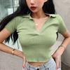 Retro Lapel Knit Short-sleeved T-shirt Female V-neck Slim Short Section of The Navel Heart Machine Tops Casual Essential Slim Fit Pullovers Tees