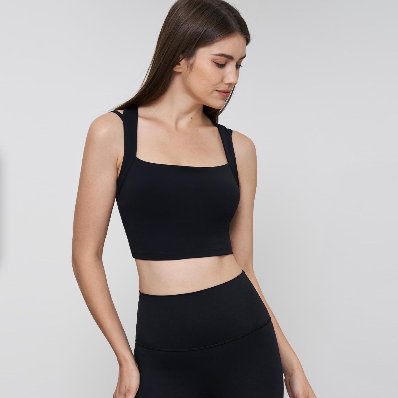 

Бюстгальтер для йоги Nude с квадратным вырезом, широкими бретелями, закрывающими боковые части груди, спортивный бюстгальтер для женщин, летний обтягивающий жилет для фитнеса S чёрный