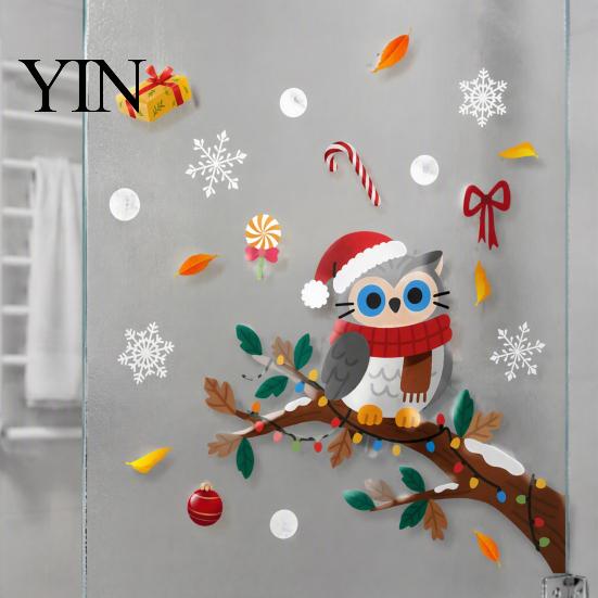 Festive Home Beautification Supplies Cute Christmas Owl Window Sticker, Snowy Branch Candy Glass Decal, Waterproof Self Adhesive Seasonal Wall