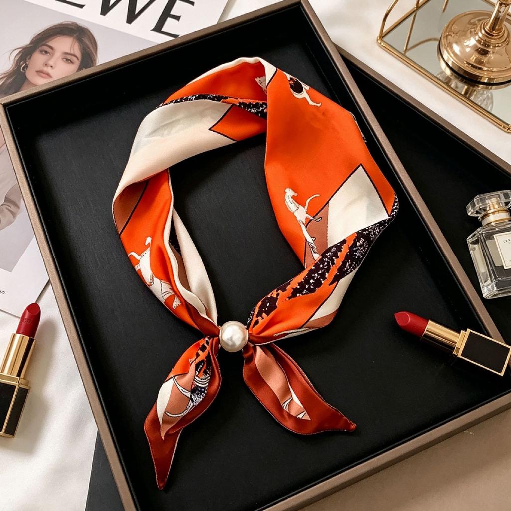 New lazy silk scarf versatile big bead magnetic buckle temperament fashionable foreign style spring and autumn summer women's necklace small silk scar