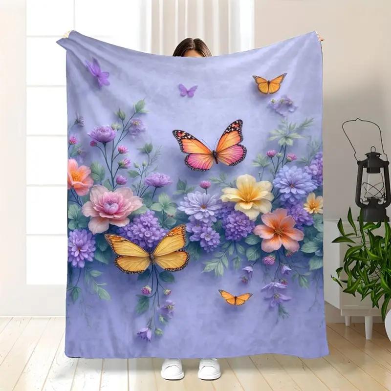 Floral and Butterfly Print Flannel Blanket Suitable for Bed, Office, Home, Camping, Cozy, Sofa, Halloween and Christmas