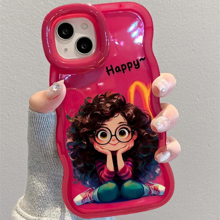 Applicable To Apple 15 Mobile Phone Case iPhone17promax Cute Curly Hair Girl 16 Invisible Double Bracket 14 Silicone