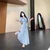 French Blue Smudge First Love Dress, Summer New Waist and Thin Temperament Bubble Sleeve Lotus Leaf Plaid Dress