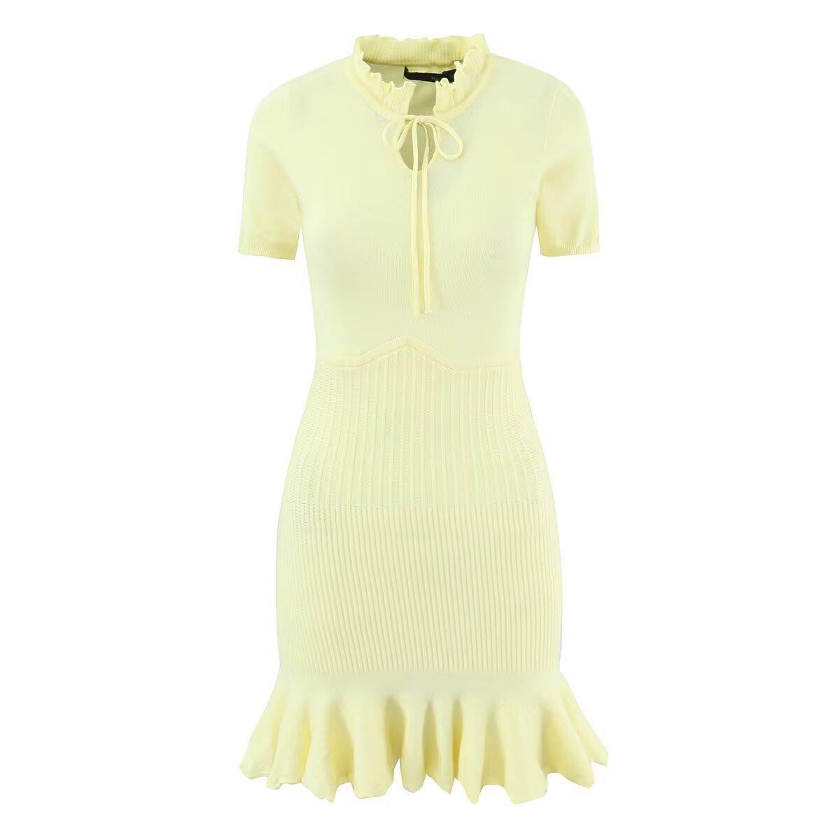 European and American style, new women s clothing, foreign style, fashionable style, lotus leaf edge knitted pit strip dress S жёлтый