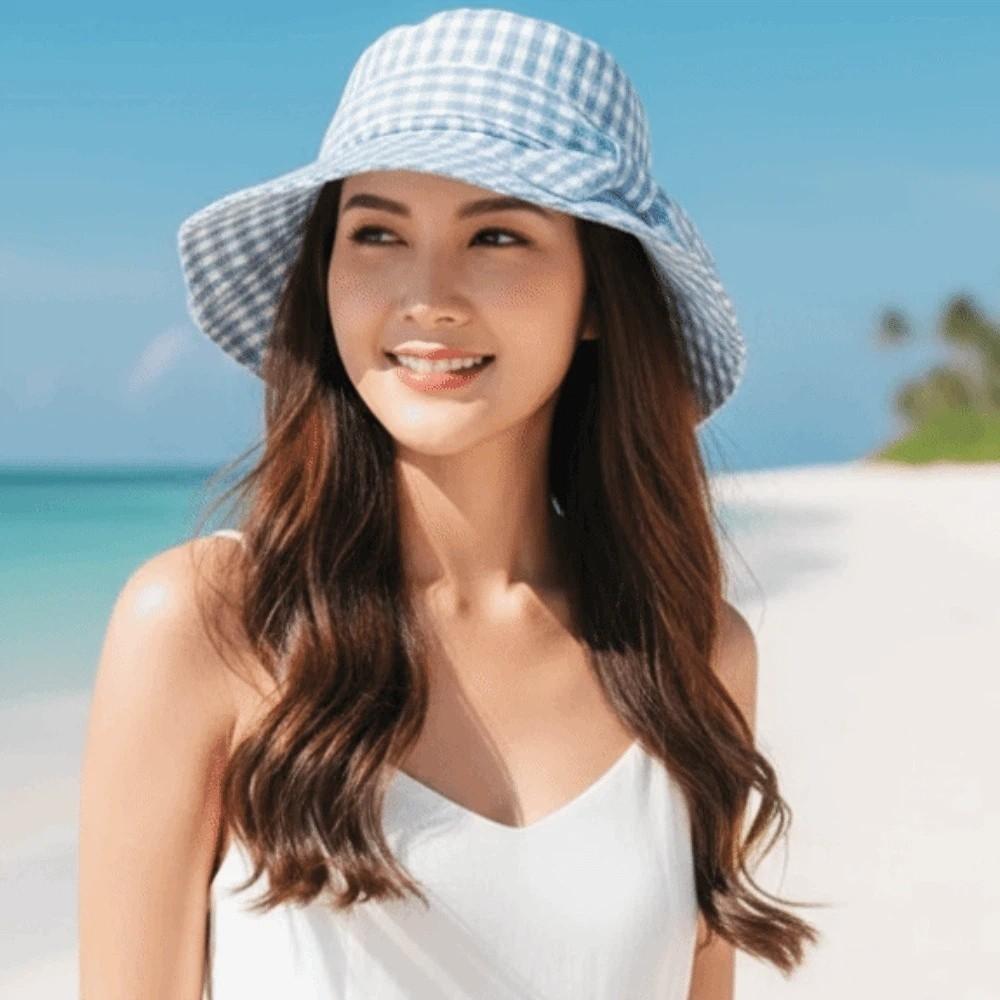 Zealous Sole Women's Grey Korean Style Fine Plaid Fisherman Hat Wide Brimmed Versatile Sunscreen Basin Cap With Windproof Rope Polyester Folding Sun Cap