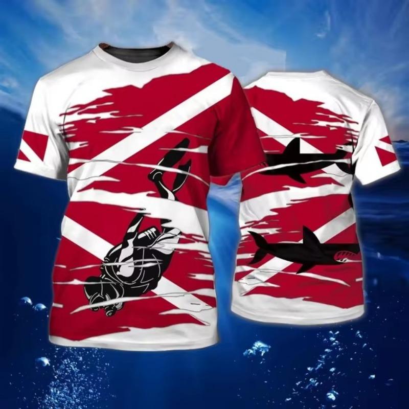 3D Diving Print Men's Novelty Short Sleeve Crew Neck T-shirt, Summer Outdoor