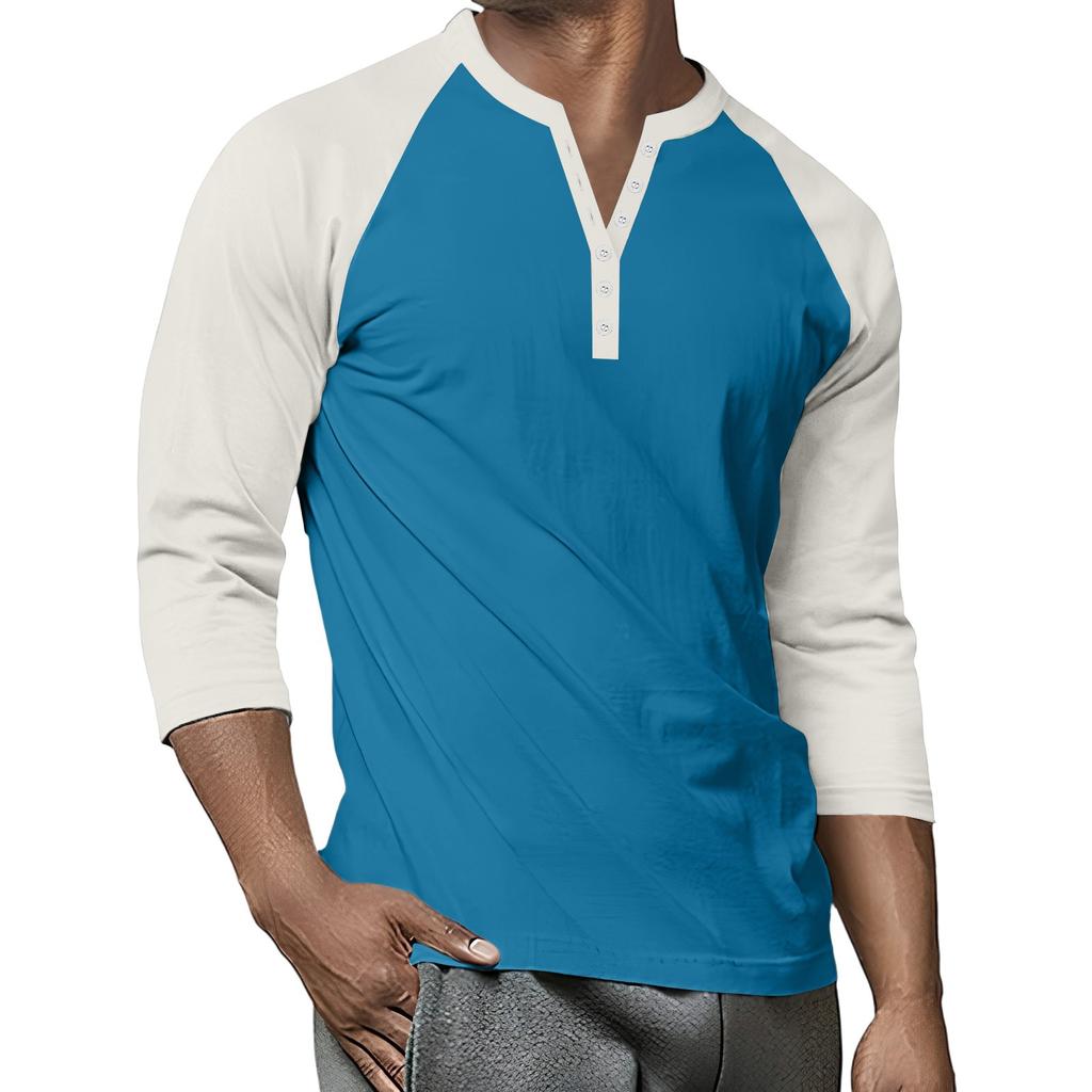 Men's Button-Down Contrast Raglan 3/4 Sleeve Top