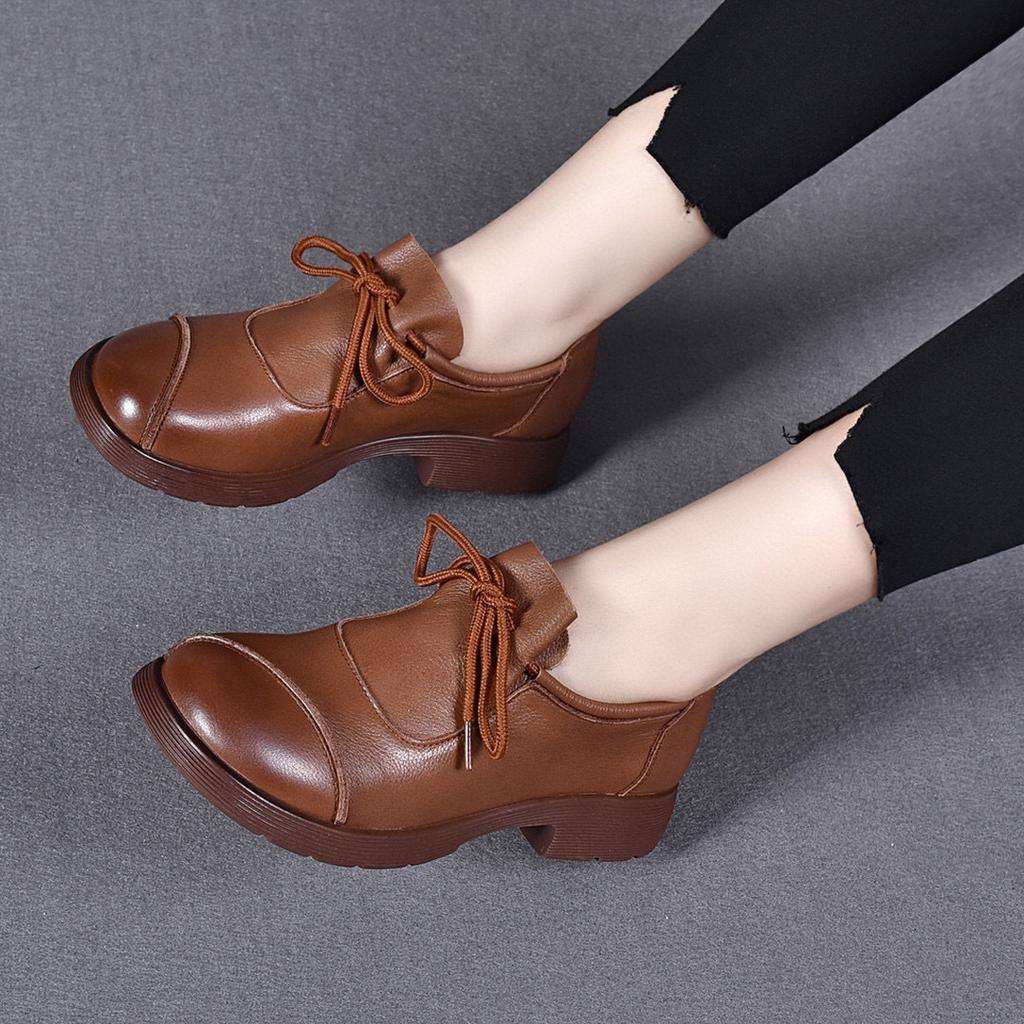 Round head flat shoes women's 2025 autumn new British style lace-up small leather shoes first layer cowhide casual shoes loafers