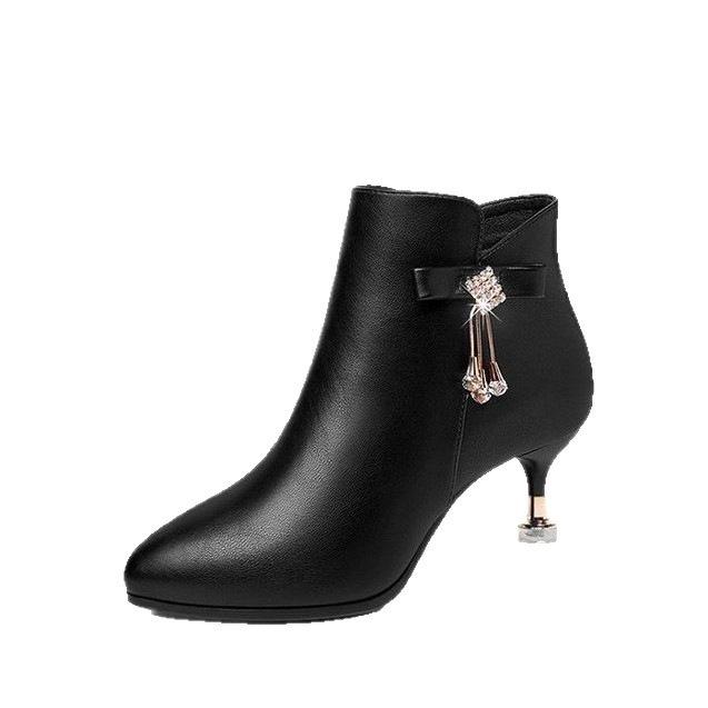 Small Heel Short Boots Rhinestone High Heels Autumn and Winter New Velvet Warm Martin Boots Fashion Boots