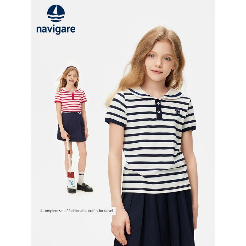 Navigare Italian Sailboat Children's Clothing Girls' Polo Shirt 2026 Summer Thin Children's Striped Top