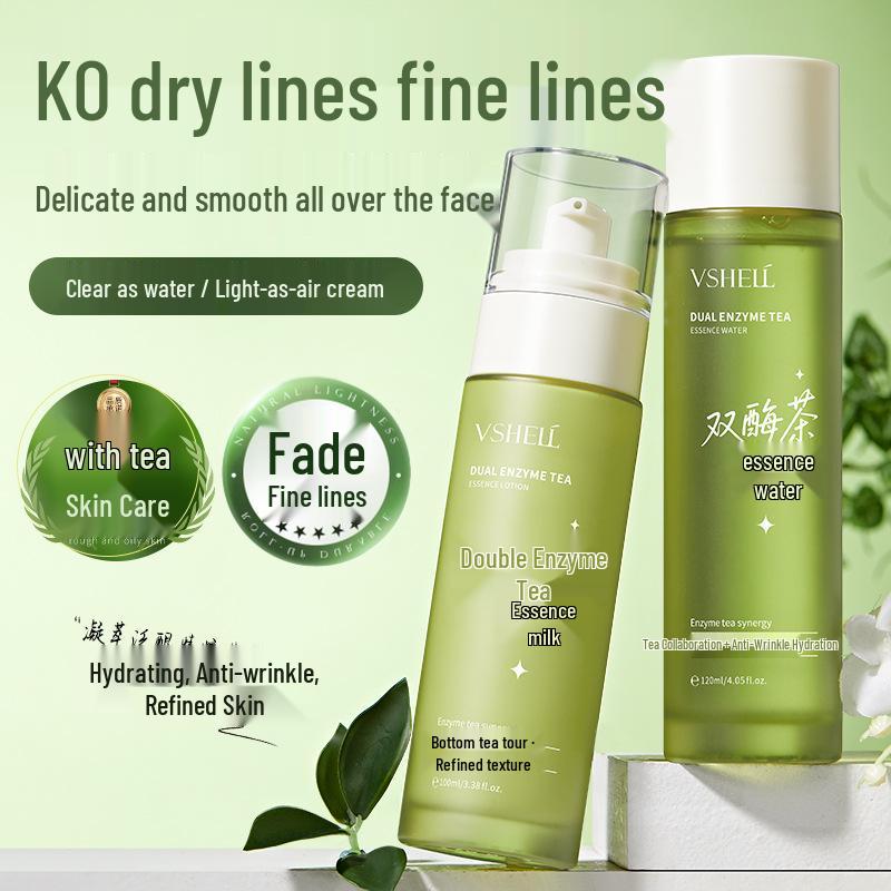 Zhibei Double Enzyme Tea Skincare Set: Hydrates, Relieves Dryness, and Reduces Wrinkles with Moisturizing Lotion and Cream.
