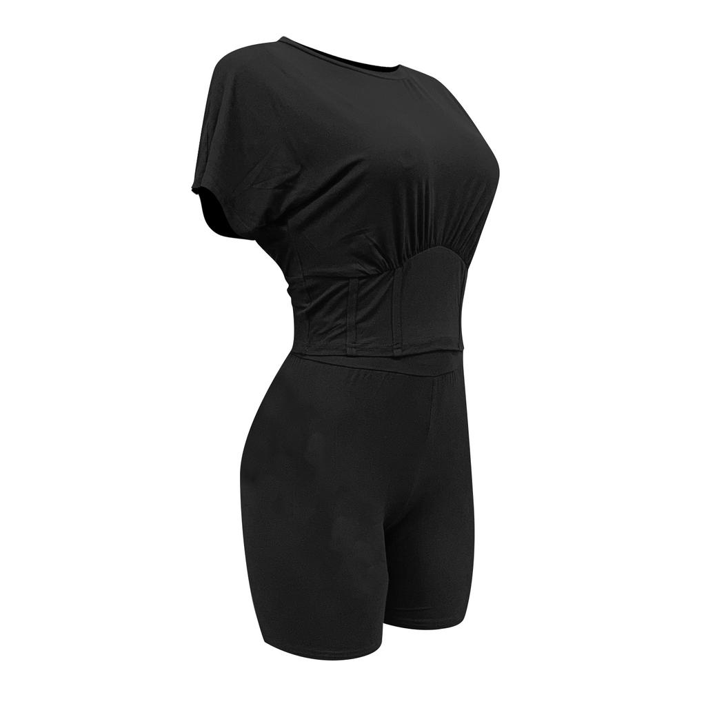 Womens Tracksuits  Color Sports Waist Set Short Sleeve Tops Shorts Set