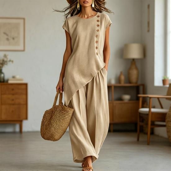 Women's Summer Casual 2 Piece Sets, Buttons Short Sleeve Top And Wide Leg Pants Matching Sets, Asymmetrical Hem Vacation Lounge Outfits