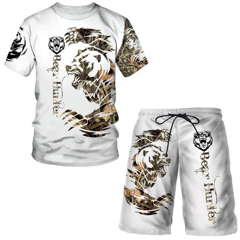 Summer Men's 3D Tiger Print Men's T-shirt Suit Casual Sportswear Streetwear Male Clothing Tracksuit Outfit Shorts 2 Pieces