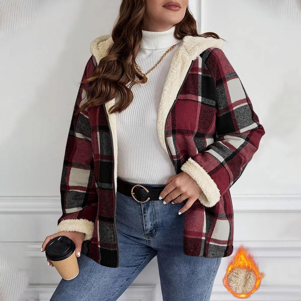 Ladies' Loose Comfortable Casual Fashionable Zipper Hooded Plaid Printed Jacket