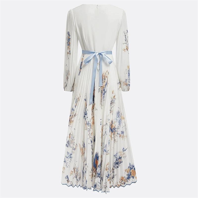 Spring Summer Ladies Elegant Dress Sexy V-neck Print Long Sleeve Big Swing A-line Holiday Dress Women Maxi Dresses Clothing