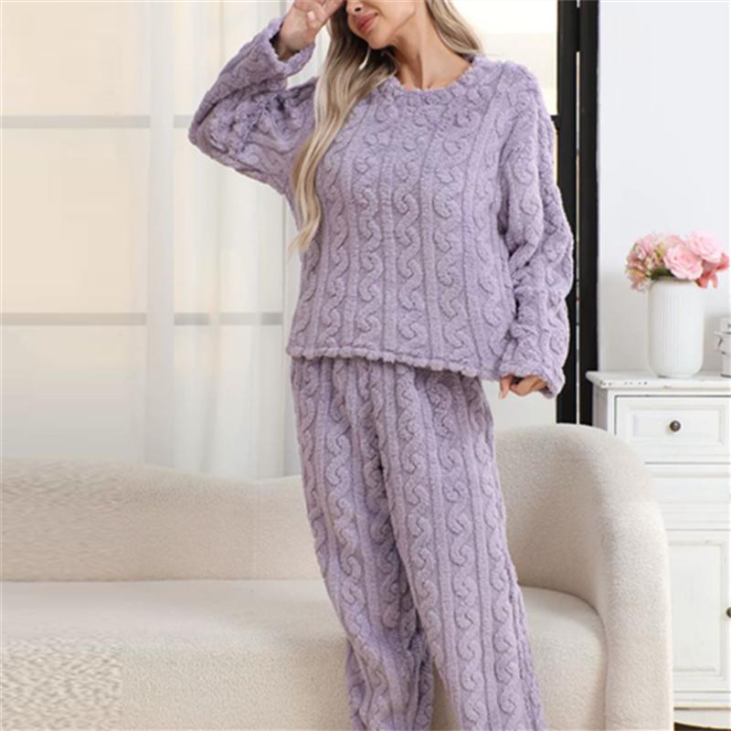 Herbst Winter Warmes 2-teiliges Pyjama-Set für Damen Hauskleidung Flanell Langarm Oberteile und Hosen Hauskleidung Loungewear