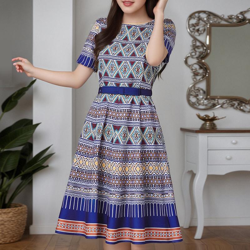 ZANZEA Women Casual Round Neck Short Sleeve Vintage Print Dress