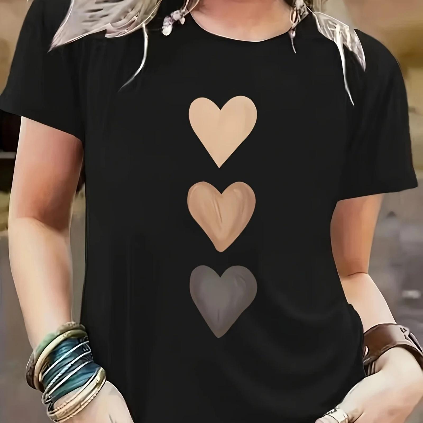 

Black with Beige & Dark Gray Heart Print T-shirt Girl Cartoon Unisex Tops Short Sleeve Streetwear Women Crew Neck Tees Female XXXXXL різнокольоровий