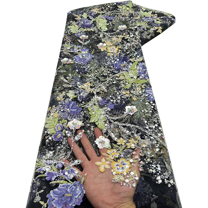 120x90cm African Nigerian Tulle Mesh Lace Fabrics Embroidery Sequins Lace Fabric Wedding Dress Party Dress Beaded Lace Fabric