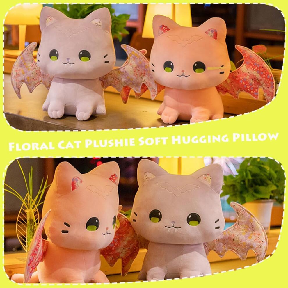 Plush Kitten Toy Cute Kitty Stuffed Animal Floral Cat Plushie Soft Hugging Pillow Decor Furry Purple Bat Cat Dolls Gifts for Xmas 11.8''