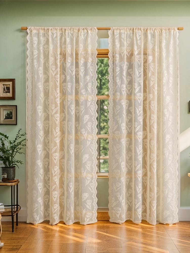1 st Elegant Blommig Spetsgardin - Halvskir Vit Mesh, Ljusfiltrerande & Luftig Design för Uteplats, Barnrum, Vardagsrumsinredning