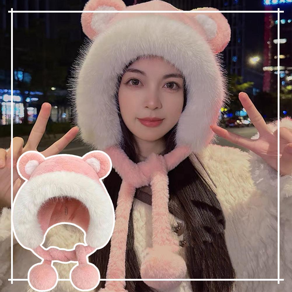 Winter Pink Cute Plush Bear Ear Hat Women Warm Faux Fur Beanie Trapper Hat with Strap Ear Flap Windproof Thick Fuzzy Cap Costume