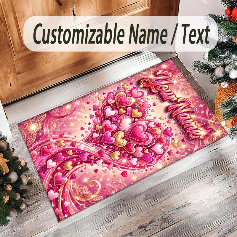 Hearts Theme Crystal Velvet Floor Rug Personalized Custom Name Text Warm Carpet Home Decoration