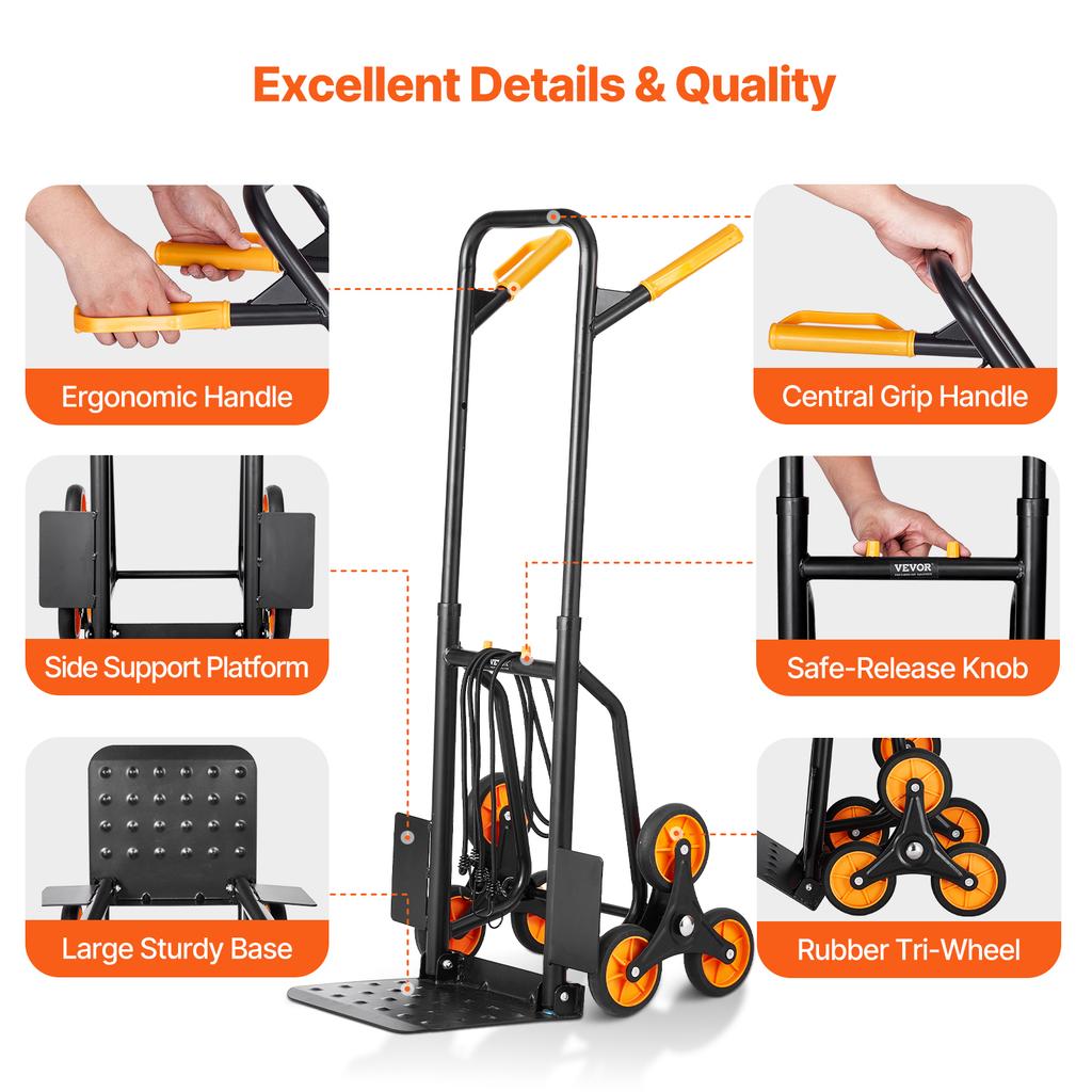 SucceBuy 440 lbs Folding Hand Truck Dolly with 6 Wheels & 2 Elastic Ropes Stair Climbing Cart for Shopping Moving Warehouse