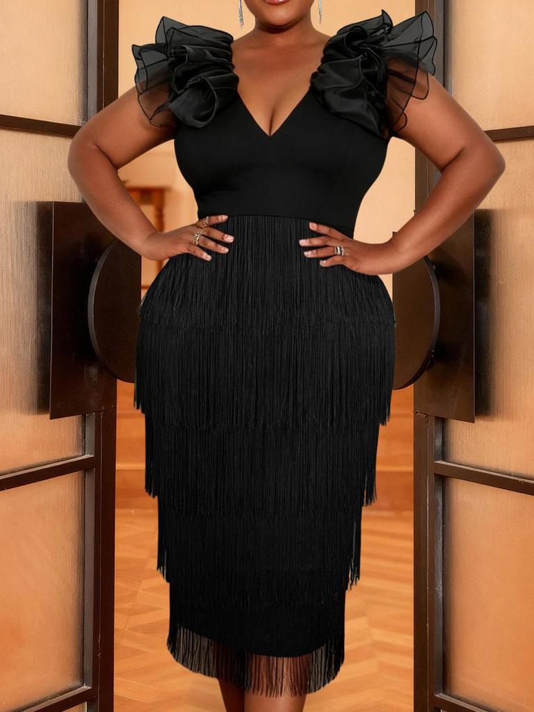 Elegant Plus Size V-Neck Tassel Dress with Ruffle Sleeves